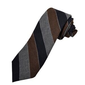 Vintage Briar Wool Necktie Brown Grey Striped Woven Scotland Tie Earthy 3"x54"